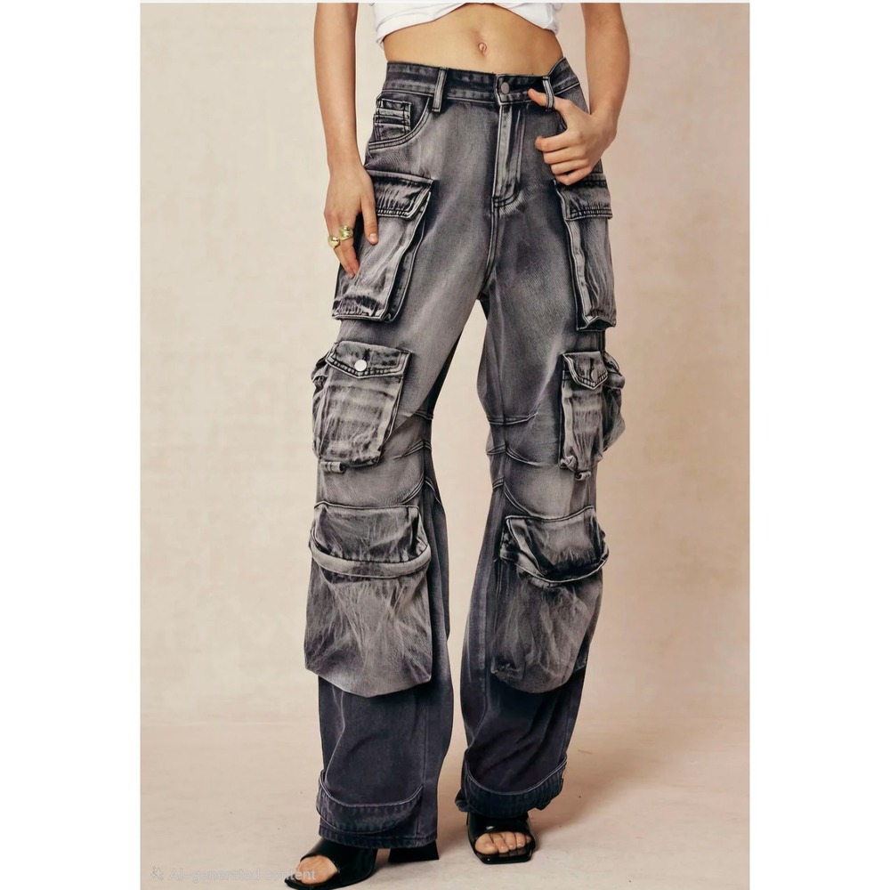 Micas Ombre Multi Pocket Wide Leg Cargo Jeans Gray Black Women's Size M